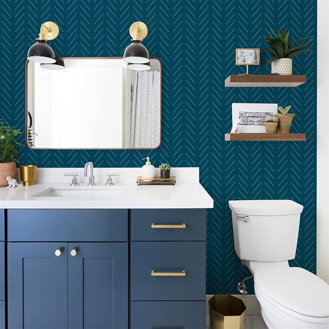 Orainege Blue Peel and Stick Wallpaper Navy Wallpaper Self Adhesive | 17.7 in x393.7 in Blue Contact Paper Herringbone Geometric Wallpaper Peel and Stick Removable Vinyl Wall Paper for Bathroom - Image 8