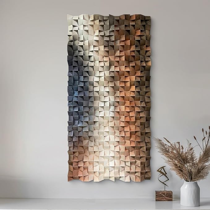 LIUZEYUE Unique Modern Wood Wall Art, Designed with Expansive Mosaic Rhythm | oversized textured wood wall art; charcoal and orange, natural grain; living room double-height focal wall; 39.4 x 78.7 in - Image 9