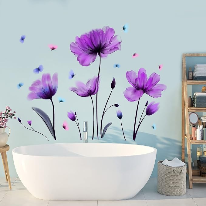 Flowers Wall Sticker Purple Floral Wall Decal Removable Butterfly Wall Stickers Self Adhesive Decal Mural for Nursery Bedroom Kids Room - Image 4