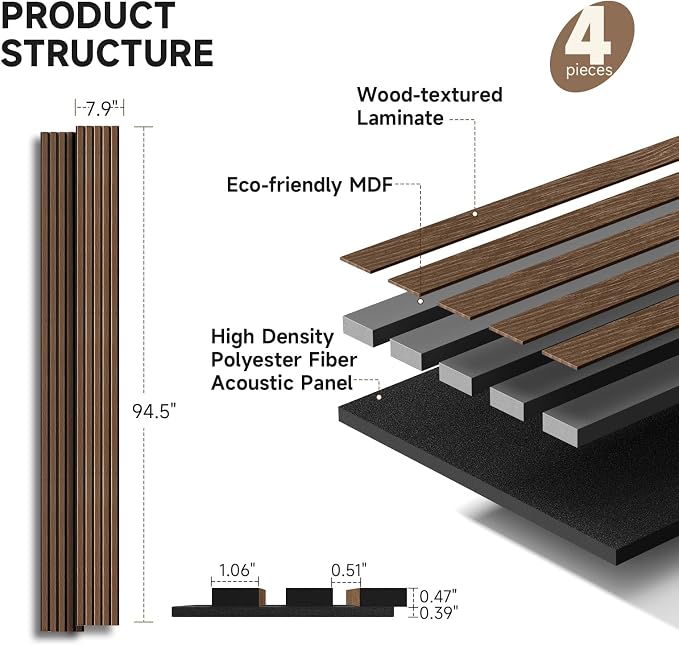 INMOZATA Wood Slat Wall Panels, 4 Pack 94.5" x 7.9" 3D Fluted Soundproof Fire Resistant Acoustic Wooden Panel for Interior Wall Decor, Living Room, Bedroom, Ceiling (Walnut) - Image 5