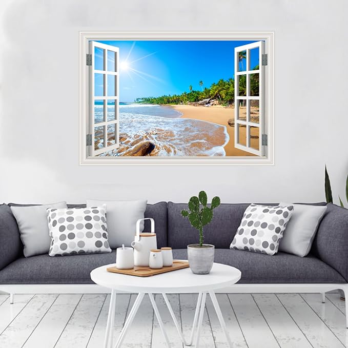 Fake Window Wall Decal- Summer Beach Seascape Coast Open Wall Art Sticker | Faux Window Tropical Ocean Natural Landscape Mural｜ Stick and Peel Wall Decals｜for Room Office Decor｜48"x32",Set of 2 Sheets - Image 4