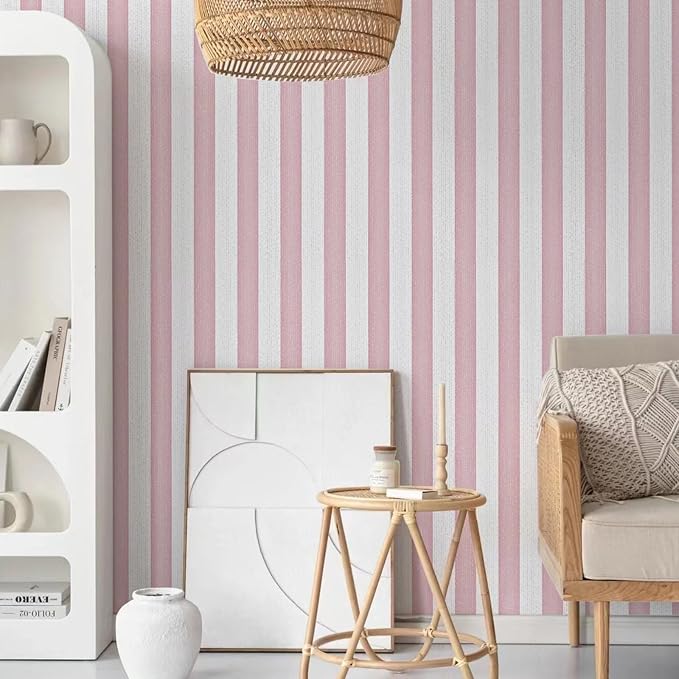 Striped Pink and White Wallpaper Peel and Stick Boho Silver Stripe Textured Contact Paper 15.7"x118" Self Adhesive Removable Waterproof Wallpaper for Bedroom,Cabinets,Drawer Liners - Image 6