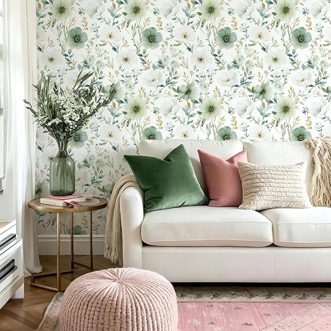 Nukofal Green Floral Peel and Stick Wallpaper for Bathroom 16.9inx118.1in | Floral Contact Paper Watercolor Flower Wallpaper Modern Green Self Adhesive Removable Wall Paper for Cabinet Decor Vinyl - Image 7