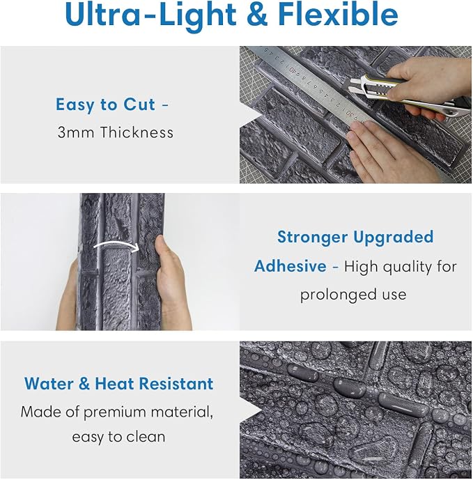 COMSTICKC 3D Faux Brick Wall Panels Peel and Stick, 10 Pcs 11.8" x 11.8" | Dark Gray, Not Real Brick, Small Size, Lightweight Thin PVC Wall Sticker Designed for Interior Wall Decor, Cover 9.7 sq ft - Image 4