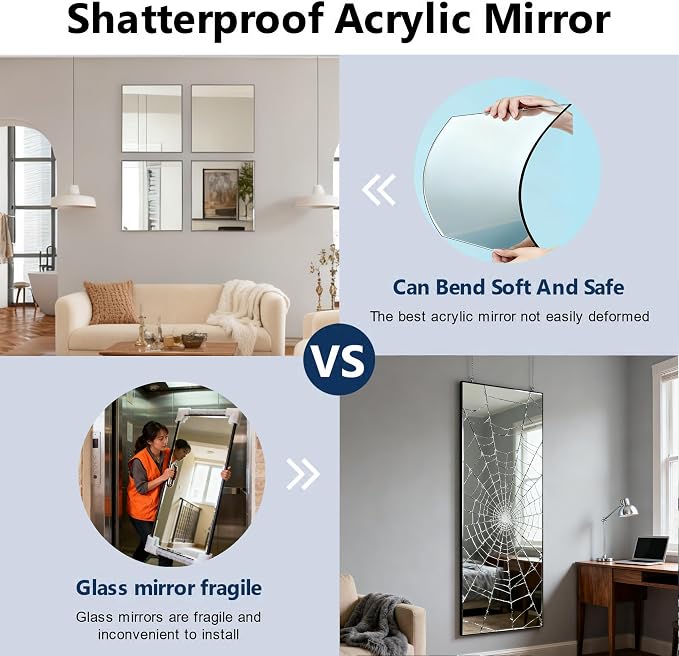 8 Pack Acrylic Mirrors for Wall,14 x 14 Inch Self Adhesive Frameless Small Mirror Tiles, Flexible Plastic Mirror Sheets for Bedroom Home Gym Door (14"X14"-8Pcs) - Image 9
