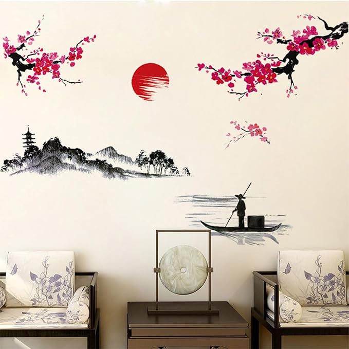 Large Japanese Wall Decor Stickers, BWCXXZH Red Cherry Blossom Tree Wall Murals Mountain River Fisherman Peel and Stick 3D Art Stickers for Girls Bedroom Nursery Living Room TV Home Decor - Image 6