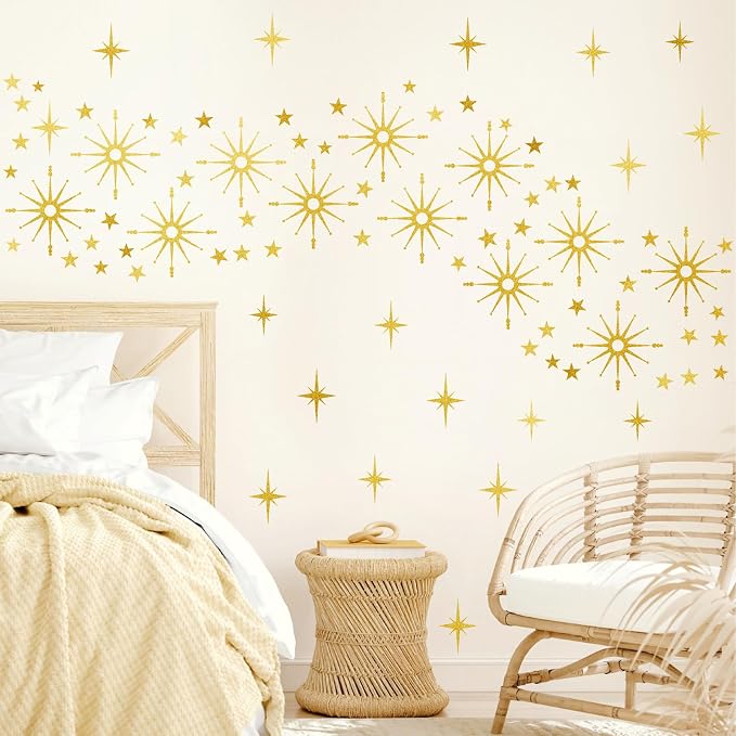 Gold Star Wall Sticker Retro Starburst Peel and Stick Decal for Living Room | Wall stickers, modern mid century decor, atomic removable art mural, ceiling stars, peel and stick, for kids bedroom nursery - Image 5