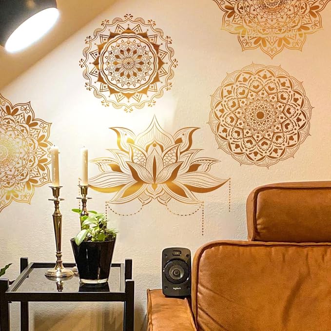 Runtoo Mandala Wall Stickers Boho Large Gold Lotus Floral Wall Decal Peel and Stick Bedroom Living Room Yoga Headboard Decor - Image 3