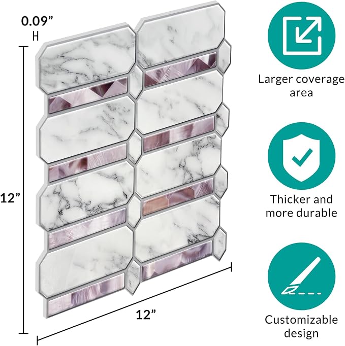 Joysticky 10-Sheet Peel and Stick Backsplash, 12" * 12" Crystal Texture Stick on Tiles Backsplash for Kitchen & Bathroom，Thicker Design Peel and Stick Wall Tiles（Stone-Patterned） - Image 4