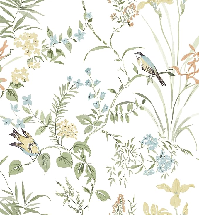 Erfoni Boho Floral Peel and Stick Wallpaper Green Floral Birds Wallpaper | 16.9" x197" DIY Self Adhesive Wallpaper Removable Wallpaper for Accent Wall Decor Modern Flower Leaf Contact Paper Vinyl Roll by Erfoni