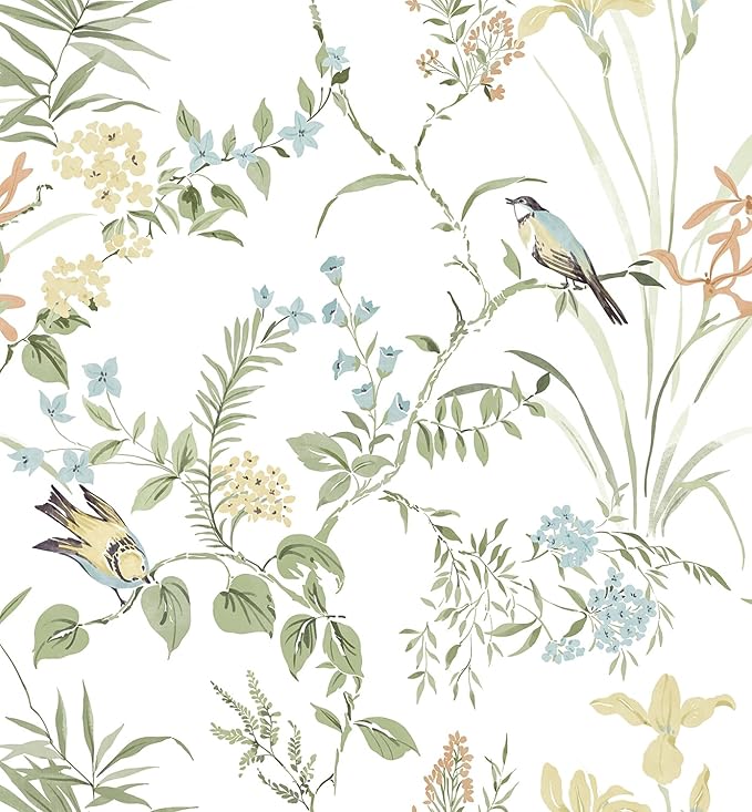 Erfoni Boho Floral Peel and Stick Wallpaper Green Floral Birds Wallpaper | 16.9" x118" DIY Self Adhesive Removable Wallpaper for Livingroom Cabinet Decor Modern Flower Leaf Contact Paper Vinyl Roll by Erfoni