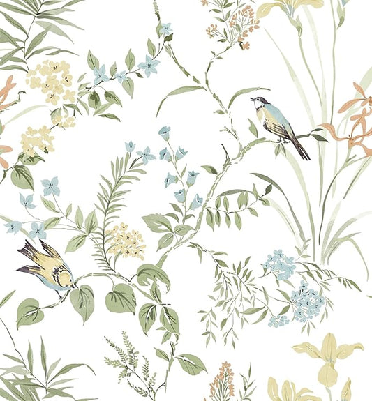 Erfoni Boho Floral Peel and Stick Wallpaper Green Floral Birds Wallpaper | 16.9" x118" DIY Self Adhesive Removable Wallpaper for Livingroom Cabinet Decor Modern Flower Leaf Contact Paper Vinyl Roll by Erfoni
