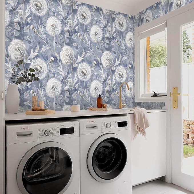 Jeweluck Blue Floral Peel and Stick Wallpaper Dandelion 16.9" x 196.8" | Vintage Blue Contact Paper Peel and Stick Dandelion Boho Self Adhesive Removable Wallpaper for Bathroom Cabinets Decorative - Image 9