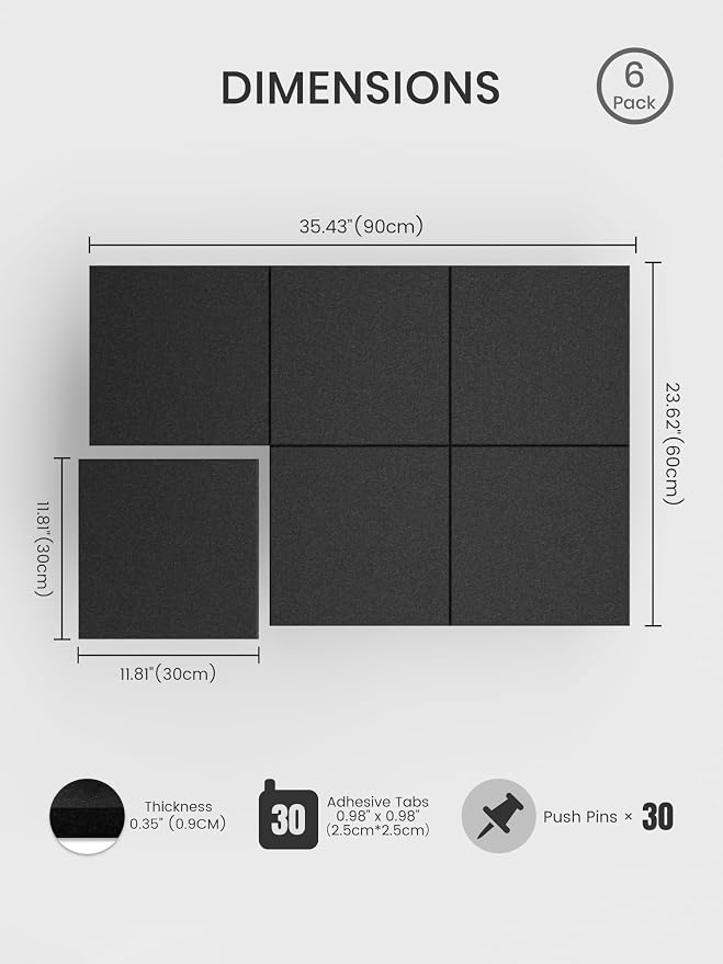 Bumusty 36"x 24" Large Felt Bulletin Board Tiles, Black | 6-Pack Cork Board Alternative, Wall Decor, 30 Pushpins, 30 Adhesive Tabs, Vision Board, Office, Classroom, Home, Dorm - Image 2