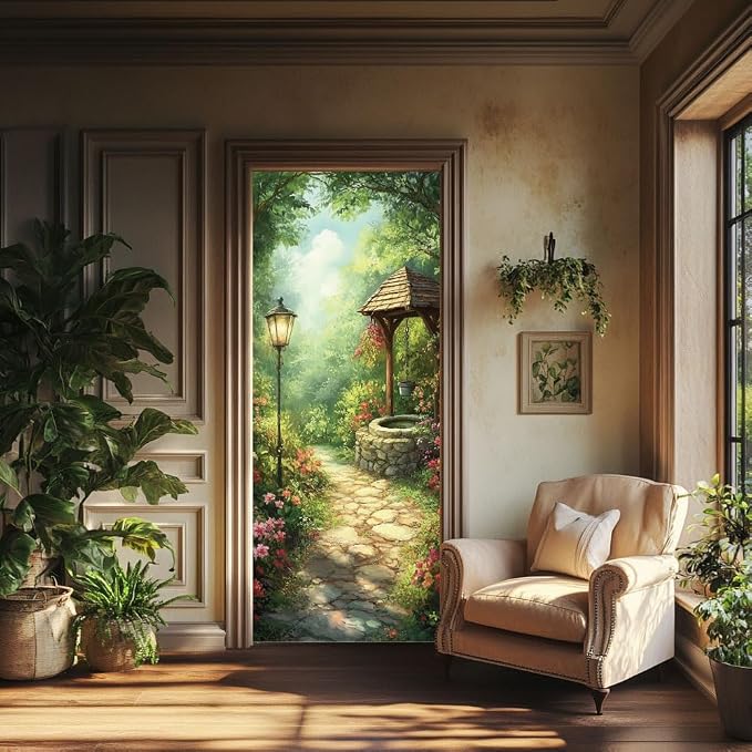 arricraft 2 Pcs Self-Adhesive Door Sticker, 31.5"x78.7", Garden Street Lamp Plant Door Murals, PVC, Removable Wallpaper Decoration for Bedrooms, Living Room by ARRICRAFT