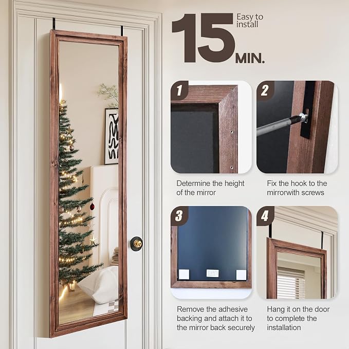 48"x14" Door Mirror, Rustic Full Length Mirror, Over The Door Hanging Mirrors Full Length, Wooden Hanging Mirrors for Bedroom, Bathroom, Brown - Image 6