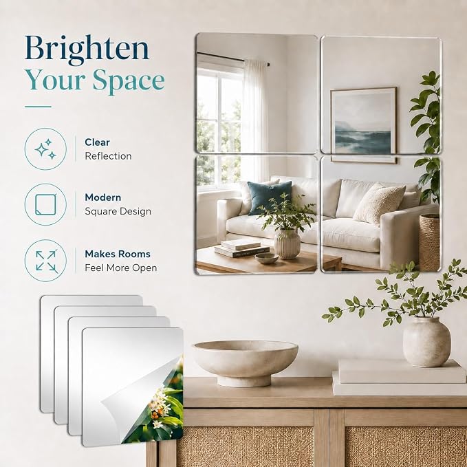 10 Packs Peel and Stick Mirrors for Wall, 11.8" x 11.8" Mirror Tiles - Image 5