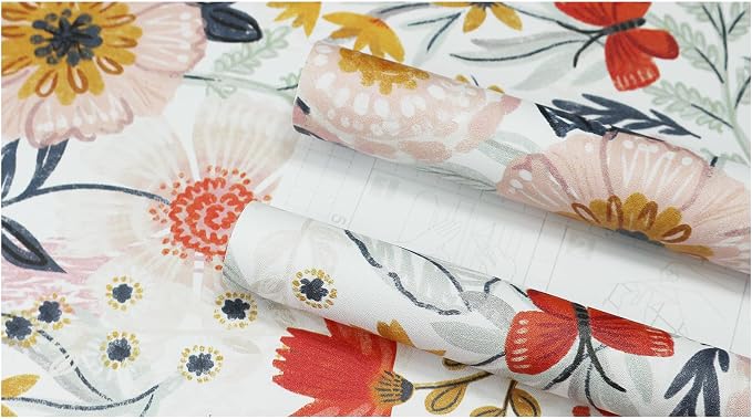 HAOKHOME Floral Peel and Stick Wallpaper Boho Pink Botanical Wall Paper | Modern Textured Colorful Contact Paper Renter Friendly Removable White Orange Flower Bathroom Bedroom Nursery 17.3in x 9.8ft - Image 9