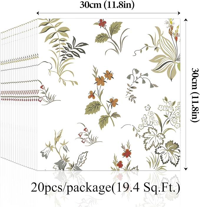 20pcs Floral Marble Peel and Stick Shower Wall Panels 11.8"x11.8" | (Total 19.4 Sq.Ft.) Botanical,Waterproof,Backsplash Tile,Stick on Wall,for Bathroom,Bedroom,Kitchen,Ceiling - Image 3