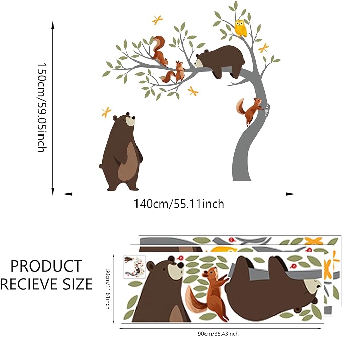 Forest Animals Wall Decal, Peel and Stick Nursery Animals Mural,Bears, Branches Tree Wall Stickers for Kids, Boys and Girls Room, Bedroom & Toddler Room Decor (Bear Tree Wall Decor) - Image 2