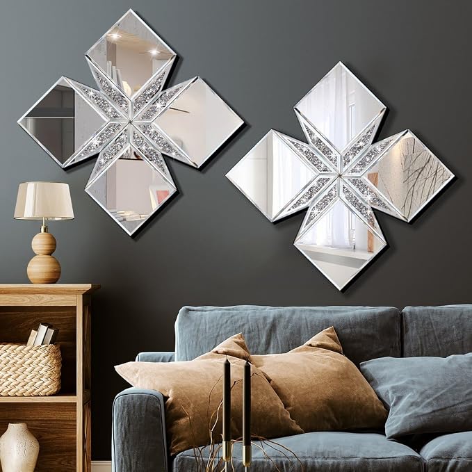 Crushed Diamond Decorative Mirror 22.25x22.25” Diamond Shape Glass Wall Mirror for Home Decoration, Exquisite Accent Wall Decor - Image 4