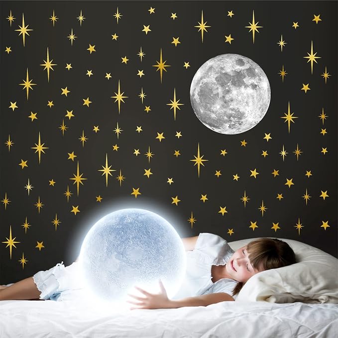 Retro Starburst Wall Decals Stars Wall Sticker Star Moon Vinyl Decal Golden | Celestial decor, sparkle wall stickers decoration, peel and stick, removable art mural, for girls bedroom living room nursery - Image 2