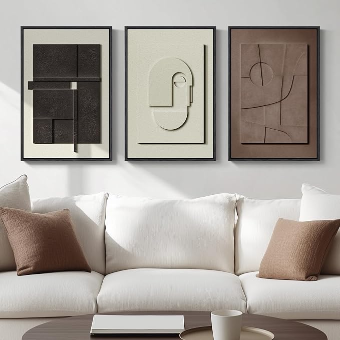 3D Textured Framed Abstract Wall Art Set, 3 Piece Modern Artwork, 16x24 In | Solid Wood Frames, Sandstone Textured Paintings, Black White Brown Sculptural Pictures Wall Decor Living Room Bedroom Office - Image 5