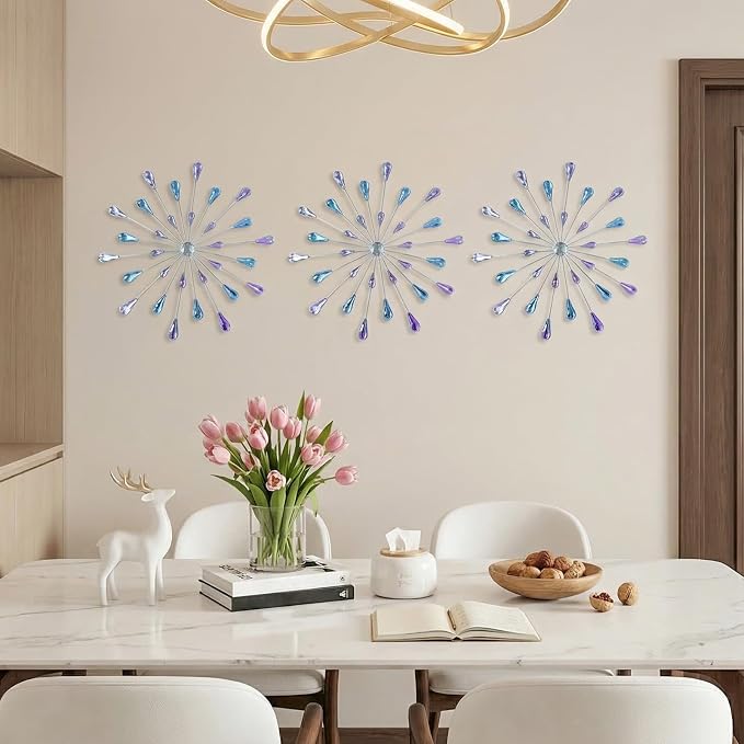 ZEXUIRU 3 Set Silver Starburst Wall Art for Home Decor Metal Bling Crystal Rhinestones Sunburst Wall Decor Sparkling Rhinestone Art Accent Silver - 13in - Image 2