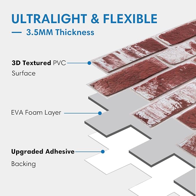COMSTICKC 3D Faux Brick Wall Panels Peel and Stick, 10 Pcs 15.7" x 11.8" | Whitewashed Red, Not Real Brick, Ultra-Light Thin PVC Tiles, 3D Fake Brick Decorative Sticker Wall Covering, Cover 12.9 sq ft - Image 4