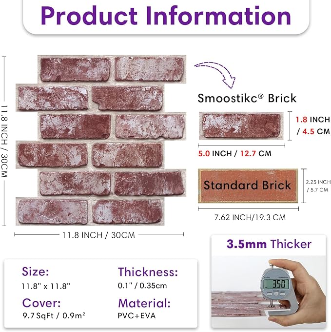 3D Faux Brick Wall Panels Peel and Stick, Designed for Quick DIY | Whitewash Light Red, 10 Pcs 11.8" x 11.8", Small Brick-Look, Ultra-Light Thin PVC Fake Brick Wall Covering, Cover 9.7 sq ft - Image 3