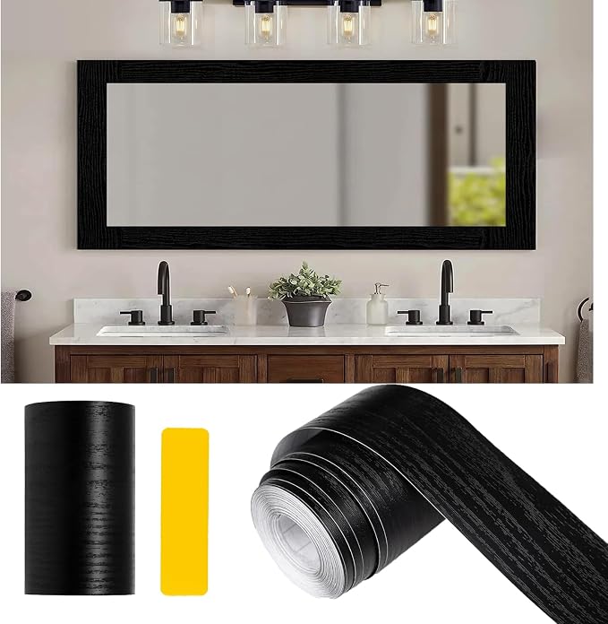 Alened 10M Black Mirror Border Peel and Stick, Wood Grain Wallpaper Border by Alened