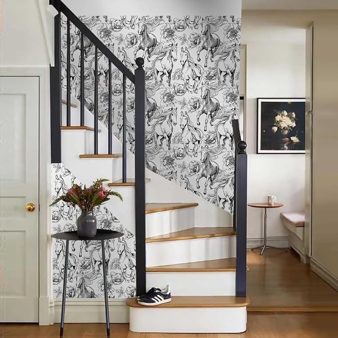 Black and White Peony Floral Horse Modern Peel and Stick Wallpaper Wall Decor Self Adhesive Wall Paper Stick on Easy Peel Off Contact Paper for Renter Bedroom Apartment - Image 6