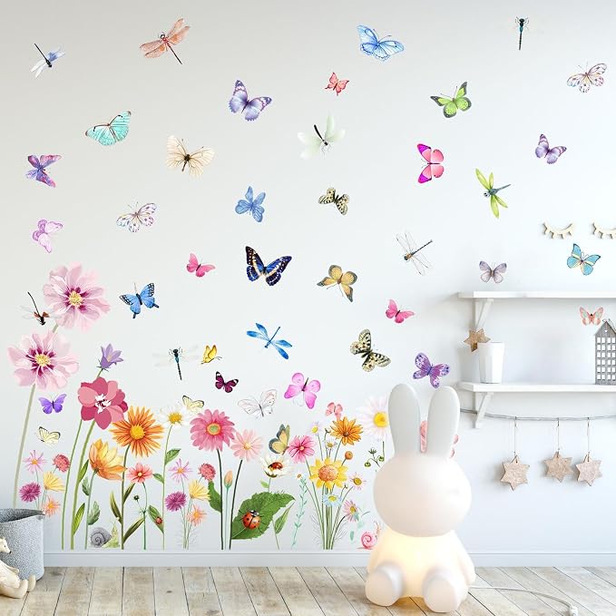 80 Pieces Flowers Butterflies Wall Decals Chrysanthemums Dragonflies Wall Sticker Flowers Peel and Stick Art Removable PVC Garden Decal for Kids Room Nursery Classroom Bedroom Decor, Colorful - Image 4