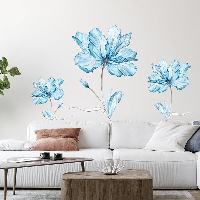 Zonon 6 Pcs Flower Wall Decals Peel and Stick Sticker, Blue Flower | Vinyl Removable Wall Stickers & Murals, Watercolor Flower Wall Decals, Blue Floral Decor for Bedroom, Living Room, Nursery - Image 4