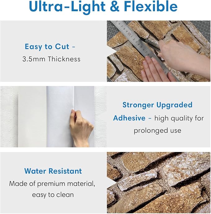 COMSTICKC 3D Peel and Stick Faux Stone Wall Panels for Quick DIY Wall Decor | Brown, 10 Pcs 11.8" x 11.8", Not Real Stone, Lightweight Thin PVC Decorative Tiles Wall Sticker Wallpaper, Cover 9.7 sq ft - Image 4