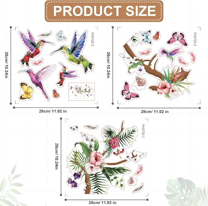 3 Sheets Hummingbirds Wall Decals Peel, Vinyl Stickers Murals for Window | Wall Decors Clings, Botanical Birds Tree Branch Flower Butterfly Design, Removable, For Bedroom Barhtoom Living Room Nursery - Image 2