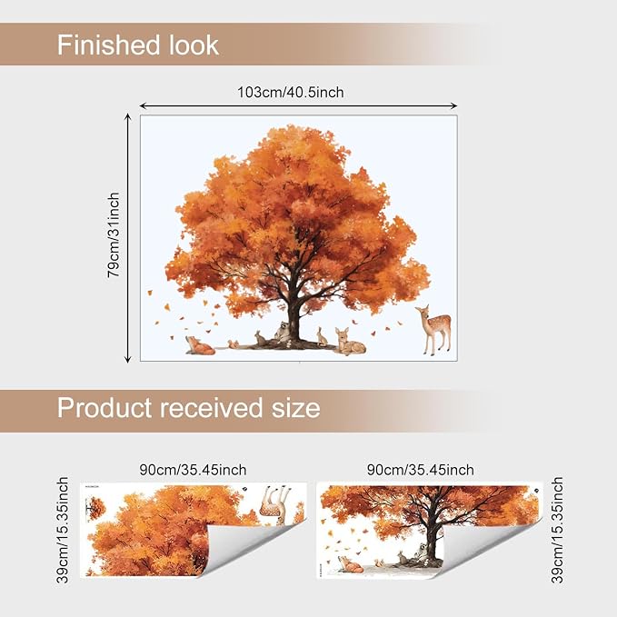 Autumn Tree Wall Decals Woodland Animal Wall Sticker Large Fall Orange Tree Vinyl Mural with Deer Fox Rabbit Squirrel Raccoon Removable Nature Wall Art for Nursery Playroom Bedroom Living Room Class - Image 2