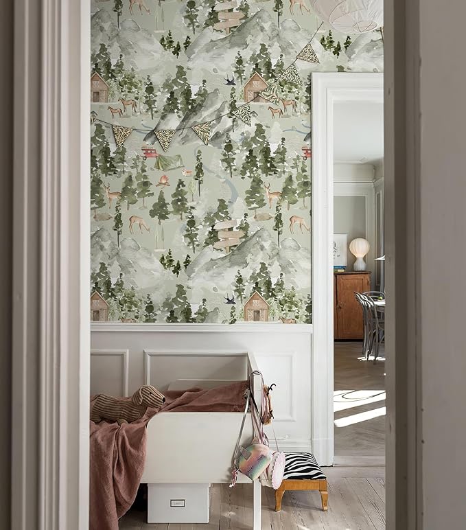 Wilderness Retreat Watercolor Wallpaper Peel and Stick Forest Mural Woodland Animals Alpine Landscape Mural Wall Decals for Bedroom Nursery 118" X 17.4" - Image 4