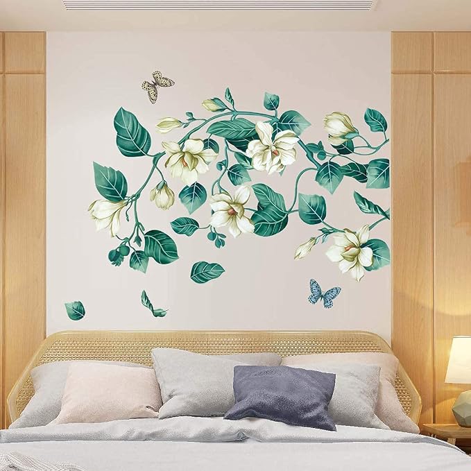 LiveGallery Removable Vinyl Fresh Green Leaf and White Flower Wall Sticker Murals Kids Girls Bedroom Nursery Rooms Wall Decals 3D Peel and Stick Decor for Home Living Room Offices Wall Corner - Image 5