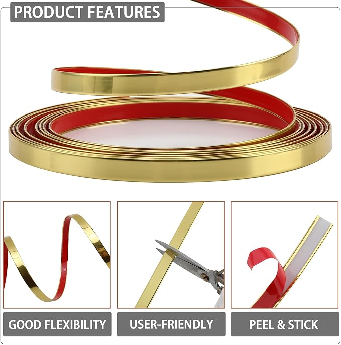 QDYMXUN Glossy Gold Peel and Stick PVC Molding Trim, Flexible DIY Wall Accent Strip for Mirror Frame, Cabinet, Edges & Borders and Tiles (197"L x 0.4"W) - Image 3