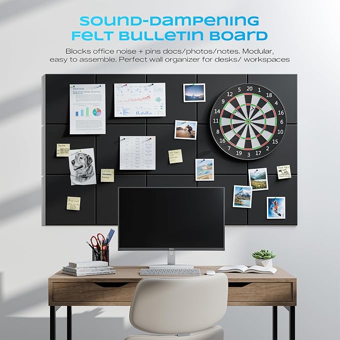6 Pack Self-Adhesive Sound Proof Foam Panels for Walls 12"x12"x0.4" Fabric | High-Density Acoustic Panels, Noise Reducing Soundproof Wall Panels for Home Studio, 36" x 24" Felt Bulletin Board Black - Image 4