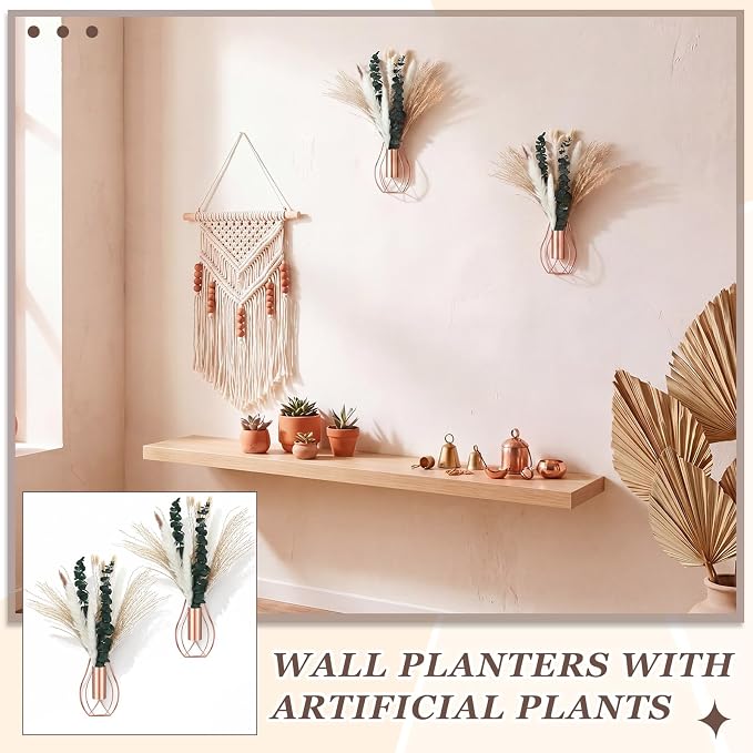 Otoolling Boho Wall Decor Set of 2 – Metal Hanging Wall Art with Faux Pampas or Eucalyptus,Minimalist Bohemian Accent for Living Room, Bedroom, Entryway (Rose Gold,Pampas,Eucalyptus) - Image 7