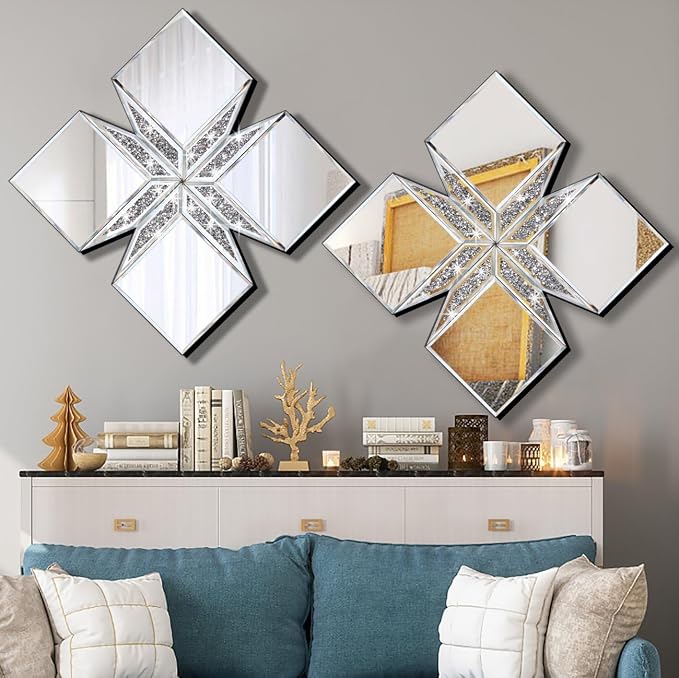 Crushed Diamond Decorative Mirror 22.25x22.25” Diamond Shape Glass Wall Mirror for Home Decoration, Exquisite Accent Wall Decor - Image 3