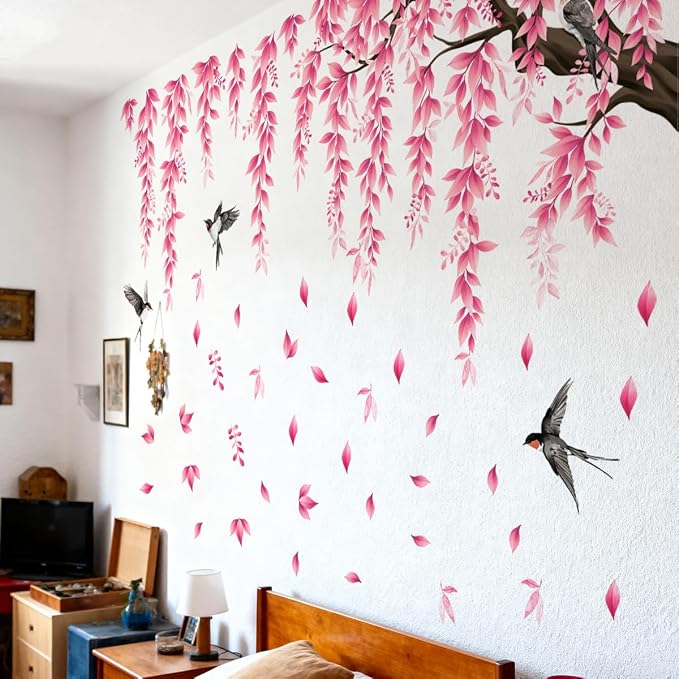 Pink Flower Tree Branch Wall Decals, Spring Pink Flower Bird Wall Stickers Peel and Stick Wall Murals for Living Room Bedroom Tv Background Wall Decor, 70.8x59 inches, 3 Sheets - Image 4