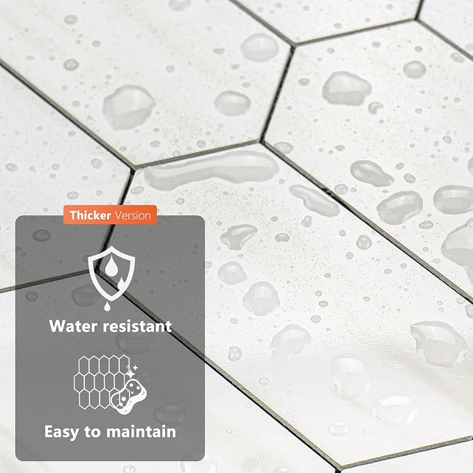 Vamos Tile Long Hexagon Peel and Stick Backsplash Tile - 10 Sheets Stick on Backsplash for Kitchen and Bathroom 12.4 x 12 Inch Glossy Dolomite White PVC Self Adhesive Mosaic Wall Tiles - Image 8