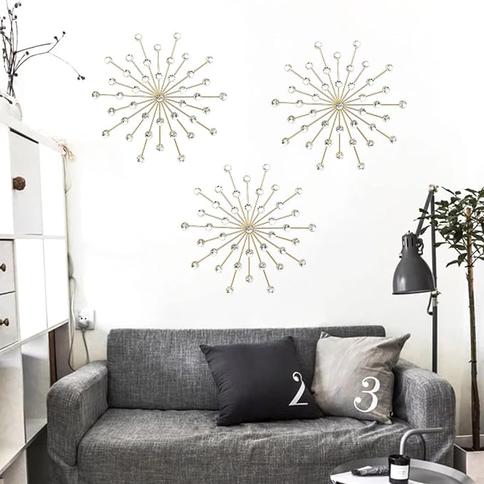 ZEXUIRU 3 Set Gold Starburst Wall Art for Home Decor Metal Bling Crystal Rhinestones Sunburst Wall Decor Sparkling Rhinestone Art Accent Gold - 18in - Image 2