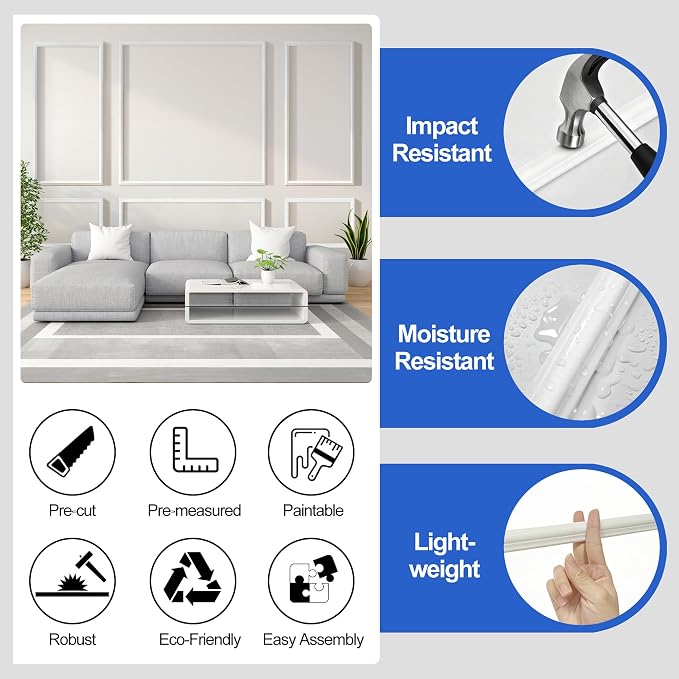 RELIANCER Peel and Stick Wall Molding Kit,34PCS Pre-Cut Door Molding Panels,3D Moulding Wainscoting Panel,Self Adhesive Walls Moulding Trim,Wall Modular Frames for Interior Walls Decor Home Bedroom - Image 5