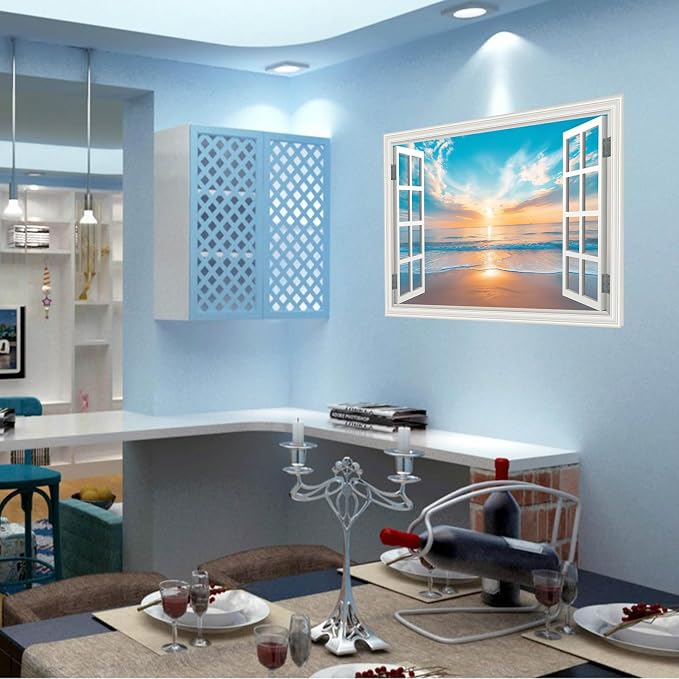Fake Window Wall Sticker Summer Sunset Seascape Ocean Beach Faux Window Poster Decal Picture Open Wall Art Decor, Stick and Peel Landscape Natural Scenery Canvas Scene Mural,16"x24" - Image 8
