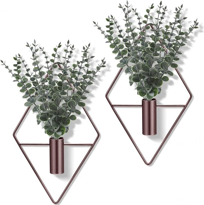 Jexine 4 Pcs Hanging Artificial Planters Wall Decor, Bronze, Eucalyptus | Bathroom Wall Decor, Geometric Metal Vase, Indoor Plants, Living Room, Home Office, Entryway, Boho Accent, Wall Mounted by Jexine