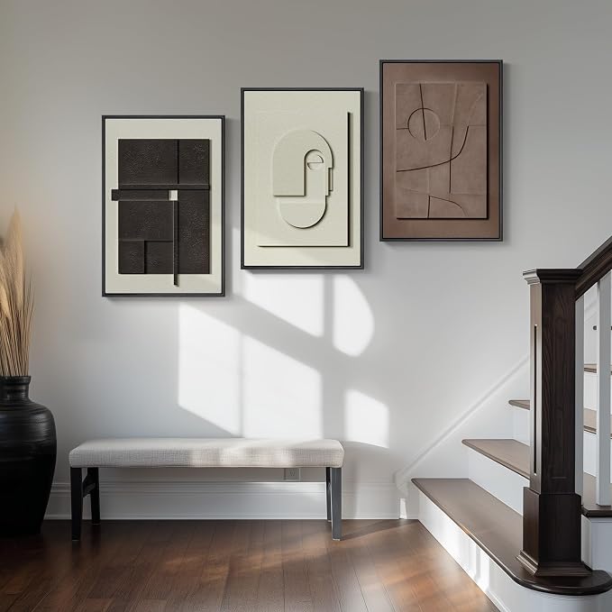3D Textured Framed Abstract Wall Art Set, 3 Piece Modern Artwork, 16x24 In | Solid Wood Frames, Sandstone Textured Paintings, Black White Brown Sculptural Pictures Wall Decor Living Room Bedroom Office - Image 2